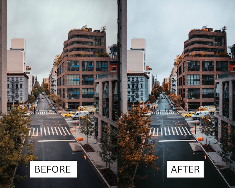 May include: A view of a city street with tall buildings on either side. The street is empty except for a few cars and pedestrians. The buildings are made of brick and have large windows. The sky is overcast and the trees are bare.