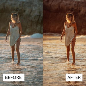 Puede incluir: Una mujer con un vestido blanco camina por una playa de arena con olas rompiendo a su alrededor. El sol se est&aacute; poniendo en el fondo, proyectando un c&aacute;lido resplandor en la escena.