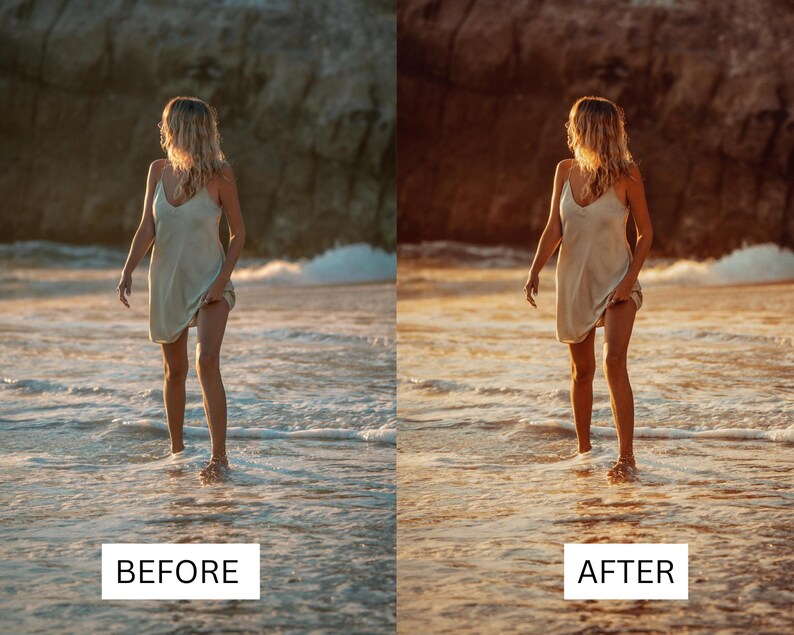 Puede incluir: Una mujer con un vestido blanco camina por una playa de arena con olas rompiendo a su alrededor. El sol se est&aacute; poniendo en el fondo, proyectando un c&aacute;lido resplandor en la escena.