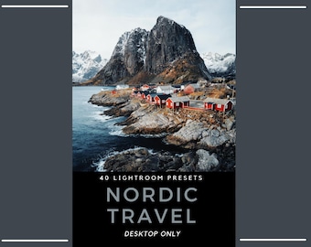 May include: A digital product listing for 40 Lightroom presets titled Nordic Travel Desktop Only. The image features a coastal landscape with red wooden houses on a rocky shoreline, dark blue water, and a large, snow-capped mountain peak in the background.