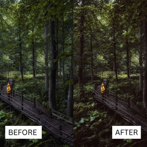 May include: A comparison image of a forest scene, showing a person in a yellow raincoat on a wooden bridge. The 'before' image is lighter, while the 'after' image has a darker, more moody aesthetic. Text labels read "BEFORE" and "AFTER".
