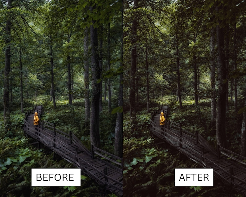 May include: A comparison image of a forest scene, showing a person in a yellow raincoat on a wooden bridge. The 'before' image is lighter, while the 'after' image has a darker, more moody aesthetic. Text labels read "BEFORE" and "AFTER".