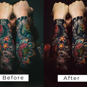 Puede incluir: Una imagen de antes y despu&eacute;s que muestra la diferencia en la saturaci&oacute;n del color y el contraste. La imagen de la izquierda est&aacute; menos saturada y tiene un contraste m&aacute;s bajo. La imagen de la derecha est&aacute; m&aacute;s saturada y tiene un contraste m&aacute;s alto. Ambas im&aacute;genes muestran a una persona con tatuajes coloridos en los brazos.