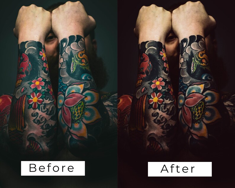 Puede incluir: Una imagen de antes y despu&eacute;s que muestra la diferencia en la saturaci&oacute;n del color y el contraste. La imagen de la izquierda est&aacute; menos saturada y tiene un contraste m&aacute;s bajo. La imagen de la derecha est&aacute; m&aacute;s saturada y tiene un contraste m&aacute;s alto. Ambas im&aacute;genes muestran a una persona con tatuajes coloridos en los brazos.
