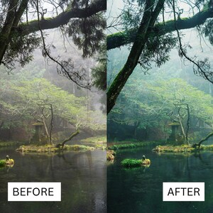 May include: A misty forest scene with a small pond and a stone lantern in the center. The trees are green and the water is a dark blue. The image is split into two sections, with the left side showing the scene before editing and the right side showing the scene after editing.