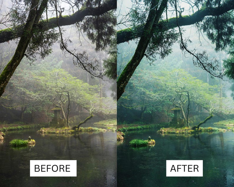 May include: A misty forest scene with a small pond and a stone lantern in the center. The trees are green and the water is a dark blue. The image is split into two sections, with the left side showing the scene before editing and the right side showing the scene after editing.