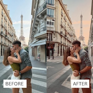 Puede incluir: Una pareja bes&aacute;ndose frente a la Torre Eiffel en Par&iacute;s. La imagen se divide en secciones "Antes" y "Despu&eacute;s", mostrando un ajuste de color. La secci&oacute;n "Antes" tiene un tono m&aacute;s fr&iacute;o, mientras que la secci&oacute;n "Despu&eacute;s" tiene un tono m&aacute;s c&aacute;lido.