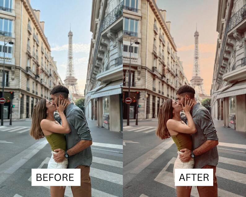Puede incluir: Una pareja bes&aacute;ndose frente a la Torre Eiffel en Par&iacute;s. La imagen se divide en secciones "Antes" y "Despu&eacute;s", mostrando un ajuste de color. La secci&oacute;n "Antes" tiene un tono m&aacute;s fr&iacute;o, mientras que la secci&oacute;n "Despu&eacute;s" tiene un tono m&aacute;s c&aacute;lido.