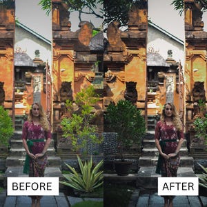 K&ouml;nnte beinhalten: Eine Frau in einem rot-gr&uuml;nen gemusterten Kleid steht vor einem traditionellen balinesischen Tempel. Der Tempel ist aus Stein und hat aufwendige Schnitzereien. Die Frau l&auml;chelt und schaut in die Kamera. Das Bild wurde in einer Gartenanlage mit &uuml;ppigem Gr&uuml;n aufgenommen.