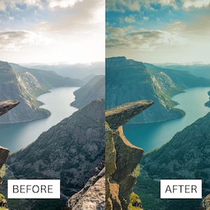 Puede incluir: Fotograf&iacute;a de paisaje que muestra una comparaci&oacute;n de antes y despu&eacute;s de una cordillera y un lago. La imagen muestra una transformaci&oacute;n dram&aacute;tica en color y contraste, con el texto "BEFORE" y "AFTER" en la parte inferior.