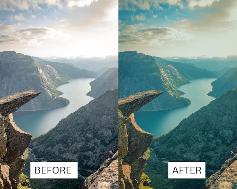 Puede incluir: Fotograf&iacute;a de paisaje que muestra una comparaci&oacute;n de antes y despu&eacute;s de una cordillera y un lago. La imagen muestra una transformaci&oacute;n dram&aacute;tica en color y contraste, con el texto "BEFORE" y "AFTER" en la parte inferior.
