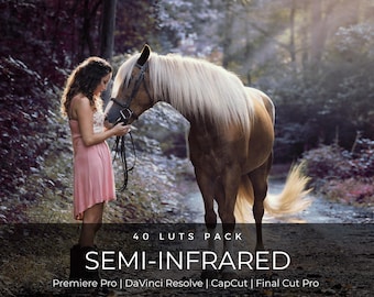 May include: A light-skinned person in a pink dress stands beside a palomino horse with a white mane and a black bridle. Text reads: 40 LUTS PACK SEMI-INFRARED Premiere Pro | DaVinci Resolve | CapCut | Final Cut Pro.