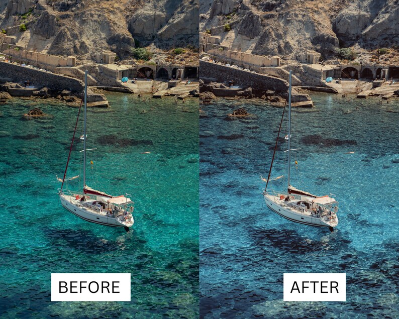 K&ouml;nnte beinhalten: Ein wei&szlig;es Segelboot mit einem roten Streifen am Segel liegt in t&uuml;rkisblauem Wasser vor Anker. Das Wasser ist klar und man kann den Grund sehen. Das Boot befindet sich vor einer felsigen Klippe.