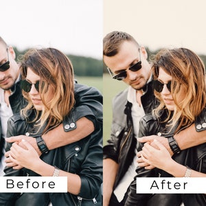 Op de afbeelding: Een stel in zwarte leren jassen en zonnebrillen poseert voor een foto. De man heeft zijn arm om de taille van de vrouw.