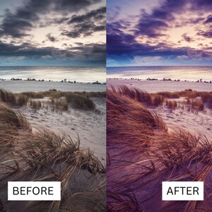 Op de afbeelding: Een gesplitste afbeelding met een strandsc&egrave;ne voor en na een fotobewerking. De "VOOR"-afbeelding heeft een gedempt kleurenpalet met een bewolkte lucht, oceaan en zandduinen. De "NA"-afbeelding heeft een levendige, paars getinte lucht en verbeterde kleuren.