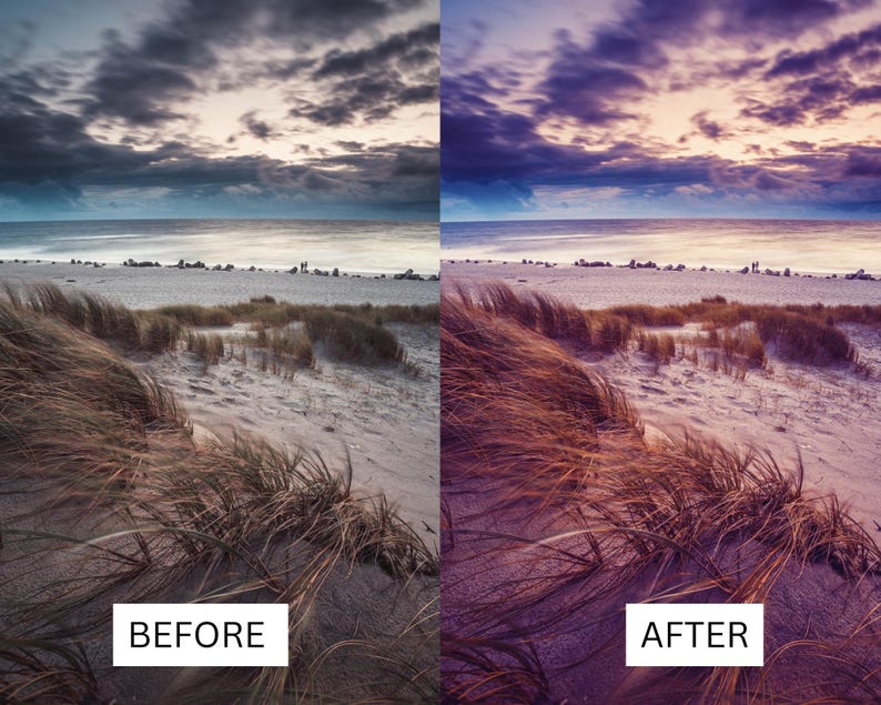 Op de afbeelding: Een gesplitste afbeelding met een strandsc&egrave;ne voor en na een fotobewerking. De "VOOR"-afbeelding heeft een gedempt kleurenpalet met een bewolkte lucht, oceaan en zandduinen. De "NA"-afbeelding heeft een levendige, paars getinte lucht en verbeterde kleuren.