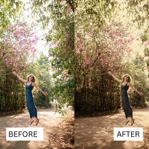 K&ouml;nnte beinhalten: Eine Frau in einem blauen Kleid springt mit ausgestreckten Armen in die Luft. Sie ist umgeben von gr&uuml;nen B&auml;umen und rosa Blumen. Das Bild ist in zwei Abschnitte geteilt, wobei die linke Seite das Originalbild und die rechte Seite das Bild nach der Bearbeitung zeigt.