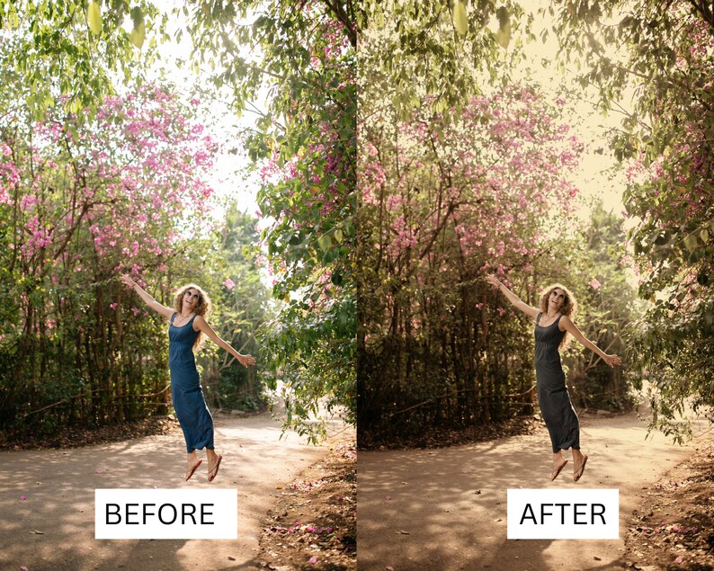 K&ouml;nnte beinhalten: Eine Frau in einem blauen Kleid springt mit ausgestreckten Armen in die Luft. Sie ist umgeben von gr&uuml;nen B&auml;umen und rosa Blumen. Das Bild ist in zwei Abschnitte geteilt, wobei die linke Seite das Originalbild und die rechte Seite das Bild nach der Bearbeitung zeigt.
