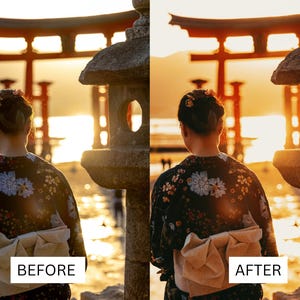 Puede incluir: Una mujer con un kimono floral negro y blanco se encuentra frente a una puerta tradicional japonesa, con el sol poni&eacute;ndose en el fondo.