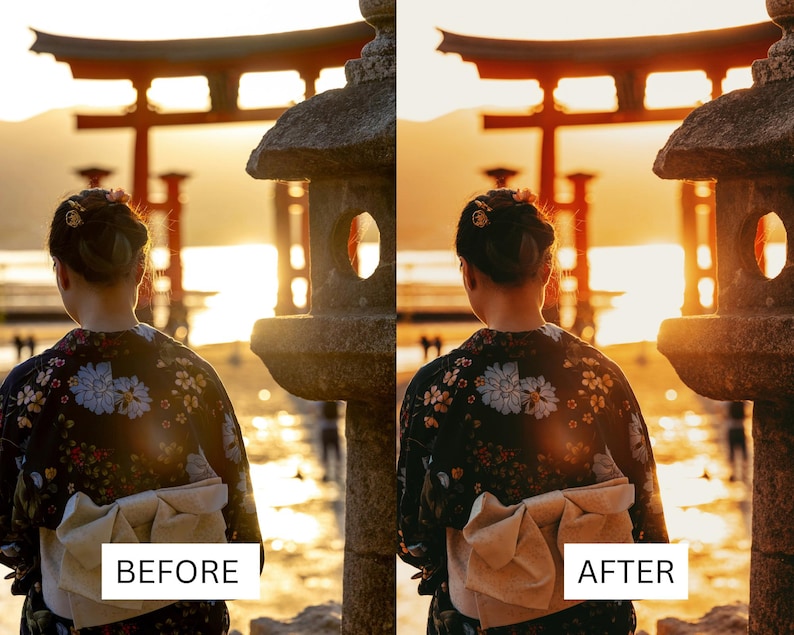 Puede incluir: Una mujer con un kimono floral negro y blanco se encuentra frente a una puerta tradicional japonesa, con el sol poni&eacute;ndose en el fondo.