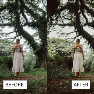 May include: A woman in a light-coloured dress walks on a path through a lush green forest. The image is split, with "BEFORE" and "AFTER" text at the bottom, showcasing a photo editing effect. The trees are large and the foliage is dense.