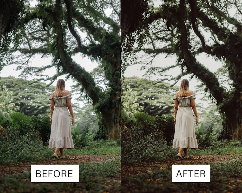 May include: A woman in a light-coloured dress walks on a path through a lush green forest. The image is split, with "BEFORE" and "AFTER" text at the bottom, showcasing a photo editing effect. The trees are large and the foliage is dense.