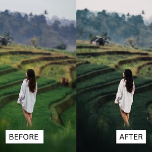 K&ouml;nnte beinhalten: Eine Frau in einem wei&szlig;en Hemd steht auf einem Feld mit gr&uuml;nen Reisfeldern. Das Bild ist in zwei H&auml;lften geteilt und zeigt das Vorher- und Nachher einer Fotobearbeitung. Das Vorher-Bild ist etwas heller und das Nachher-Bild ist dunkler und ges&auml;ttigter.