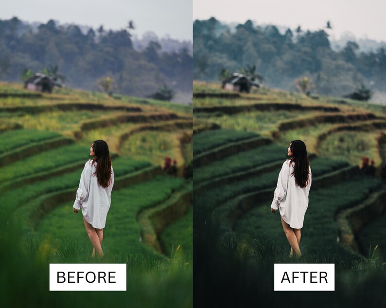 K&ouml;nnte beinhalten: Eine Frau in einem wei&szlig;en Hemd steht auf einem Feld mit gr&uuml;nen Reisfeldern. Das Bild ist in zwei H&auml;lften geteilt und zeigt das Vorher- und Nachher einer Fotobearbeitung. Das Vorher-Bild ist etwas heller und das Nachher-Bild ist dunkler und ges&auml;ttigter.
