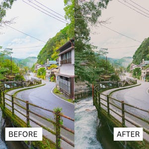 Op de afbeelding: Een gesplitste afbeelding met een schilderachtig voor-en-na-aanzicht van een Japans dorp. De 'Voor'-afbeelding toont een brug over een rivier, een kronkelende weg en gebouwen in een vallei. De 'Na'-afbeelding heeft een iets andere kleurtint.