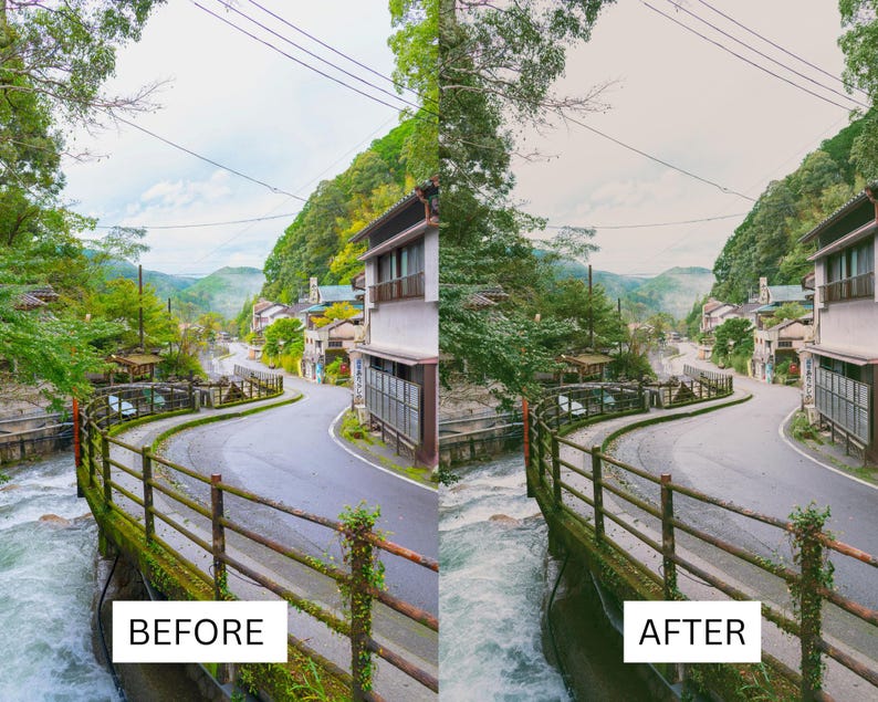 Op de afbeelding: Een gesplitste afbeelding met een schilderachtig voor-en-na-aanzicht van een Japans dorp. De 'Voor'-afbeelding toont een brug over een rivier, een kronkelende weg en gebouwen in een vallei. De 'Na'-afbeelding heeft een iets andere kleurtint.