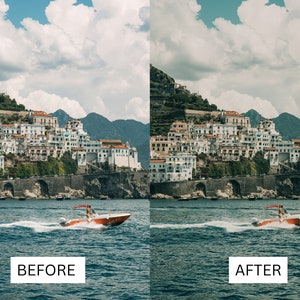 K&ouml;nnte beinhalten: Ein Vorher-Nachher-Bild, das die Auswirkungen eines Fotofilters zeigt. Das Vorher-Bild zeigt eine K&uuml;stenstadt mit einem Boot im Wasser. Das Nachher-Bild zeigt die gleiche Szene mit einer lebendigeren und satteren Farbpalette.