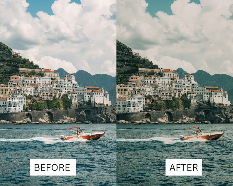 K&ouml;nnte beinhalten: Ein Vorher-Nachher-Bild, das die Auswirkungen eines Fotofilters zeigt. Das Vorher-Bild zeigt eine K&uuml;stenstadt mit einem Boot im Wasser. Das Nachher-Bild zeigt die gleiche Szene mit einer lebendigeren und satteren Farbpalette.
