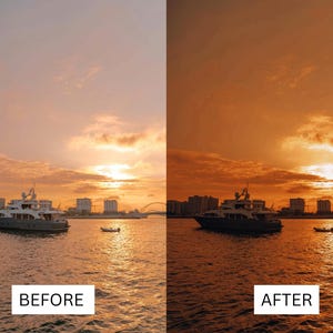Puede incluir: Imagen dividida que muestra un antes y un despu&eacute;s de una puesta de sol sobre el agua. La imagen del antes tiene un cielo y agua m&aacute;s claros, mientras que la imagen del despu&eacute;s tiene un tono m&aacute;s oscuro y anaranjado. Se ven barcos y edificios.