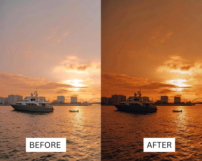 Puede incluir: Imagen dividida que muestra un antes y un despu&eacute;s de una puesta de sol sobre el agua. La imagen del antes tiene un cielo y agua m&aacute;s claros, mientras que la imagen del despu&eacute;s tiene un tono m&aacute;s oscuro y anaranjado. Se ven barcos y edificios.