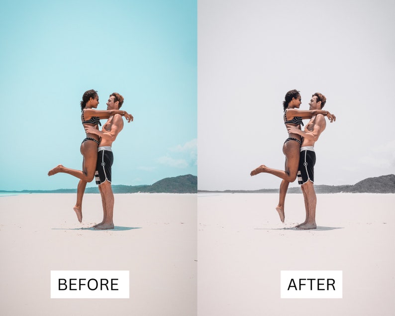 May include: A couple is hugging on a white sandy beach. The woman is wearing a black bikini and the man is wearing black swim trunks. The couple is looking at each other and smiling.