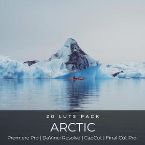Puede incluir: Un paquete de productos digitales titulado 20 LUTS PACK ARCTIC, compatible con Premiere Pro, DaVinci Resolve, CapCut y Final Cut Pro. La imagen muestra un kayak naranja brillante en aguas azules tranquilas frente a grandes icebergs.