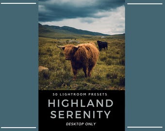 May include: A digital product listing featuring a photograph of a shaggy ginger Highland cow and a black cow in a grassy field under a cloudy sky. The text reads 50 LIGHTROOM PRESETS HIGHLAND SERENITY DESKTOP ONLY on a black background.