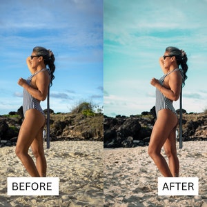 May include: A side view of a person wearing a black and white striped swimsuit with a long black strap. The person is standing on a sandy beach with rocks and greenery in the background. The sky is blue and the image is split into two sections, showing the before and after of a photo edit.