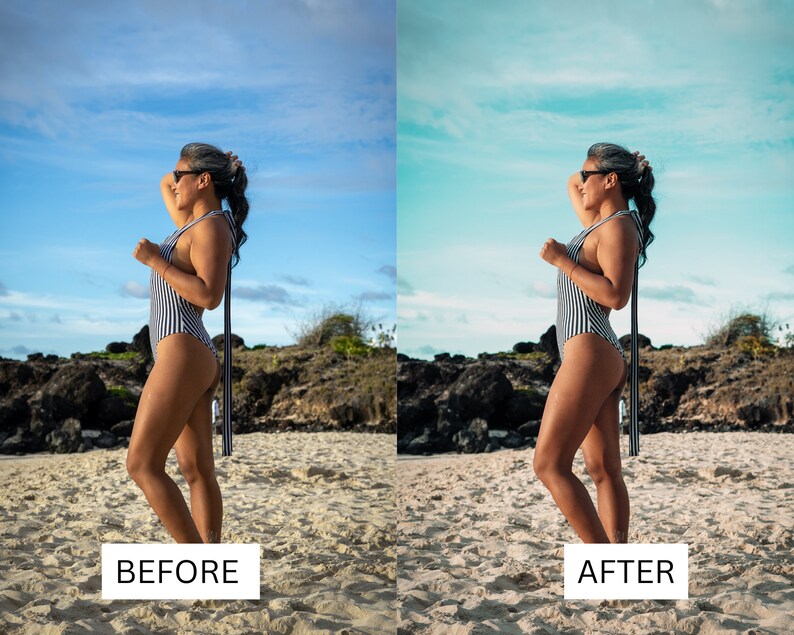 May include: A side view of a person wearing a black and white striped swimsuit with a long black strap. The person is standing on a sandy beach with rocks and greenery in the background. The sky is blue and the image is split into two sections, showing the before and after of a photo edit.