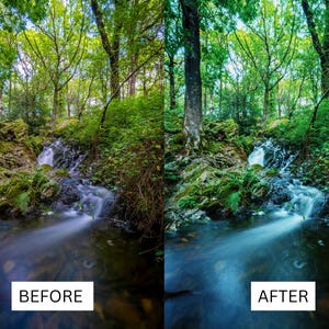 May include: A before and after image showing the difference in a photo editing technique. The before image shows a natural looking forest scene with a small waterfall. The after image shows the same scene with a more vibrant and saturated color palette.