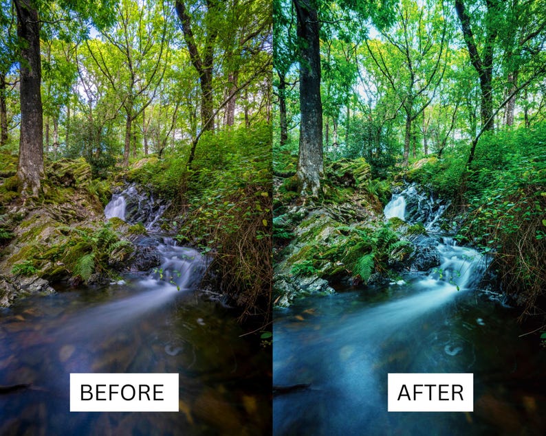 May include: A before and after image showing the difference in a photo editing technique. The before image shows a natural looking forest scene with a small waterfall. The after image shows the same scene with a more vibrant and saturated color palette.