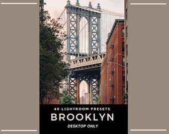 May include: A digital product listing featuring a photograph of the Manhattan Bridge framed by red brick buildings, with the Empire State Building visible in the distance. Text reads: 40 LIGHTROOM PRESETS BROOKLYN DESKTOP ONLY.