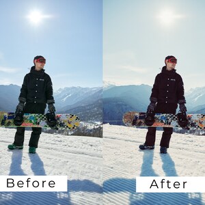 Puede incluir: Una persona con una chaqueta negra, gafas de protecci&oacute;n y pantalones negros sostiene una tabla de snowboard en un entorno monta&ntilde;oso nevado. El sol brilla intensamente en el cielo.