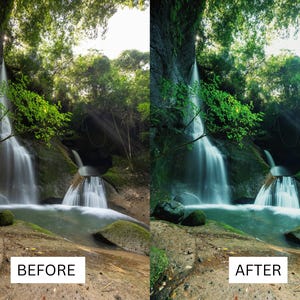 May include: A before and after image of a waterfall in a lush green forest. The image on the left shows the original image, while the image on the right shows the image after editing. The editing has brightened the image and made the colors more vibrant.