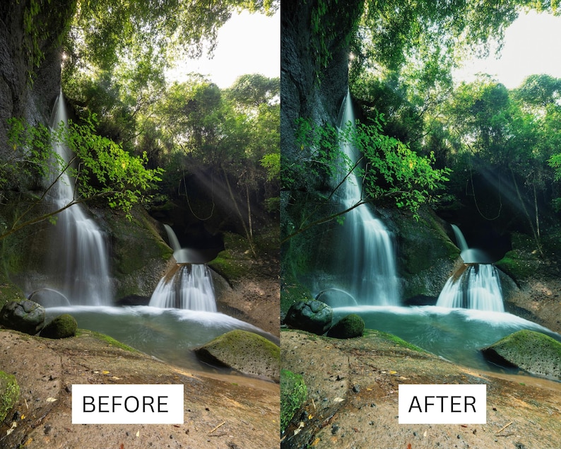May include: A before and after image of a waterfall in a lush green forest. The image on the left shows the original image, while the image on the right shows the image after editing. The editing has brightened the image and made the colors more vibrant.