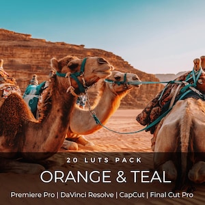 May include: A digital product advertisement featuring camels in a desert with the text 20 LUTS PACK ORANGE & TEAL Premiere Pro | DaVinci Resolve | CapCut | Final Cut Pro. The image displays camels with teal harnesses and patterned saddles.