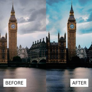 Puede incluir: Imagen dividida de Big Ben en Londres antes y despu&eacute;s de la edici&oacute;n fotogr&aacute;fica. La torre del reloj es central, con el Parlamento y el T&aacute;mesis al fondo. El cielo cambia de gris a azul, alterando la atm&oacute;sfera.