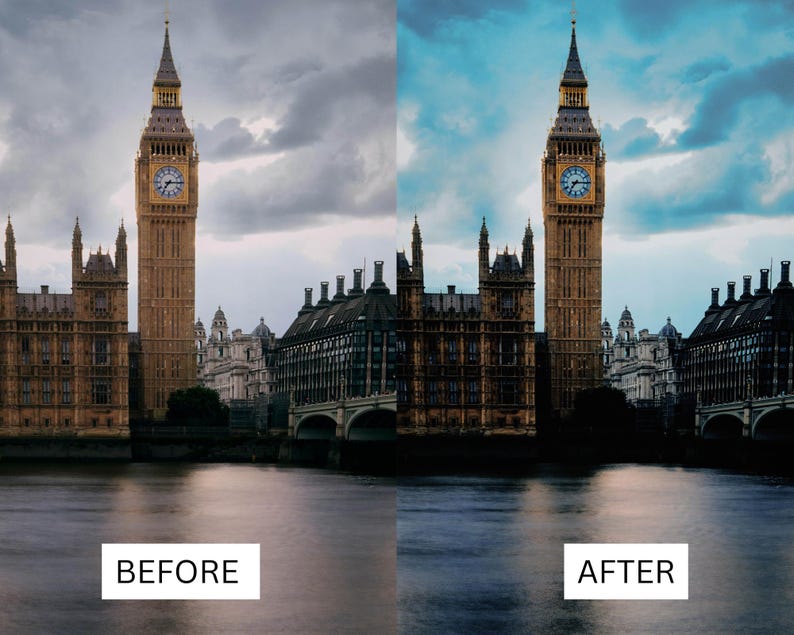 Puede incluir: Imagen dividida de Big Ben en Londres antes y despu&eacute;s de la edici&oacute;n fotogr&aacute;fica. La torre del reloj es central, con el Parlamento y el T&aacute;mesis al fondo. El cielo cambia de gris a azul, alterando la atm&oacute;sfera.
