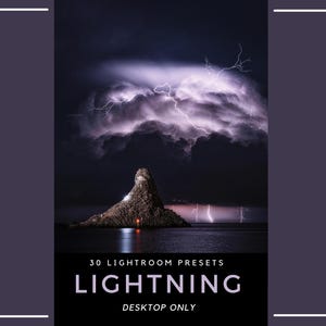 Pode incluir: Uma listagem de produto digital apresentando uma cena noturna escura com uma ilha rochosa iluminada por relâmpagos roxos nas nuvens. O texto diz 30 LIGHTROOM PRESETS LIGHTNING DESKTOP ONLY em letras maiúsculas brancas sobre fundo escuro.