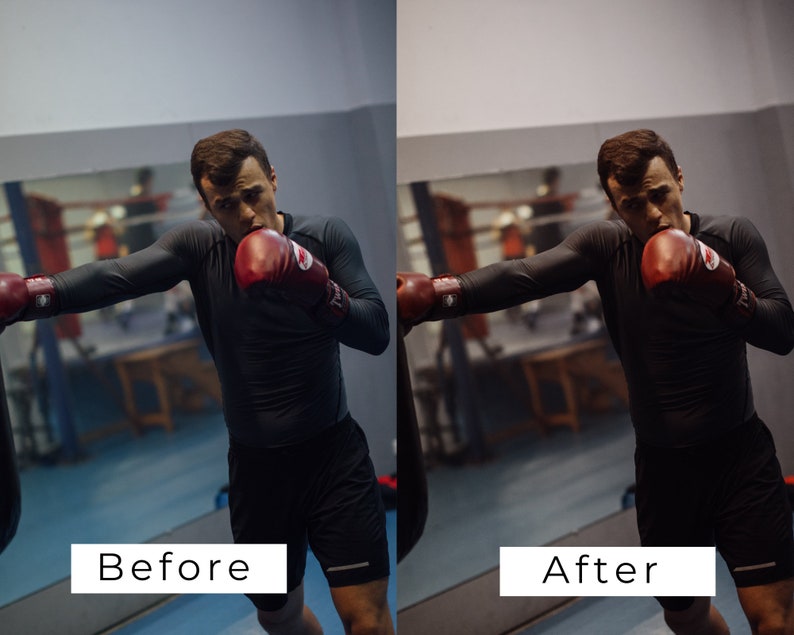 K&ouml;nnte beinhalten: Ein Mann in schwarzer Sportkleidung und roten Boxhandschuhen schl&auml;gt in einem Fitnessstudio auf einen Sandsack ein.